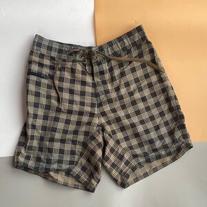 Patagonia Men's Athletic Shorts in Black and Tan Plaid